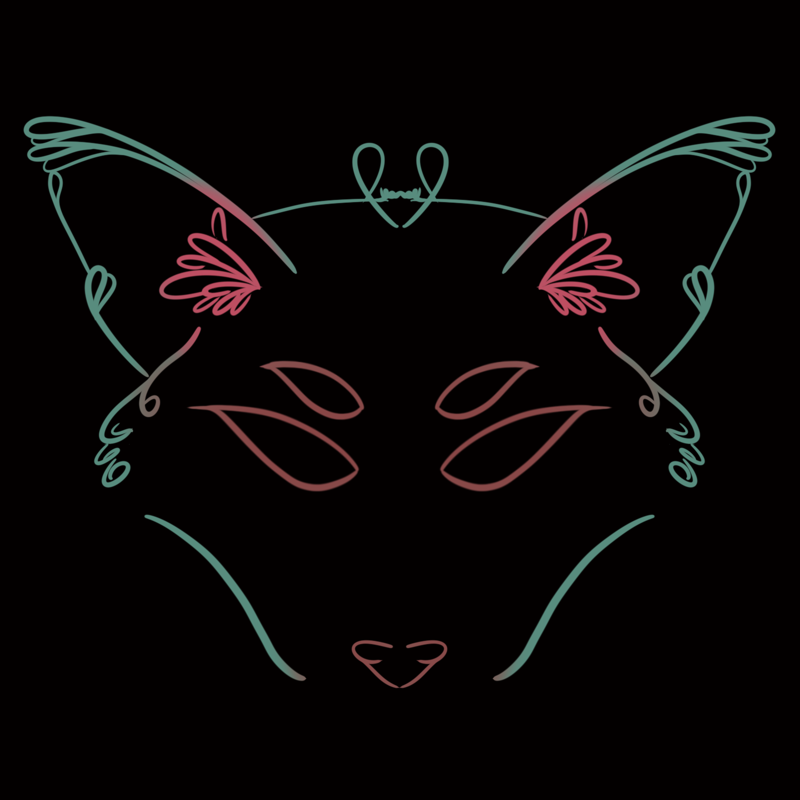 My usual profile picture: a soft green and pink swirly outline of a four-eyed cat's head, against a plain black background.